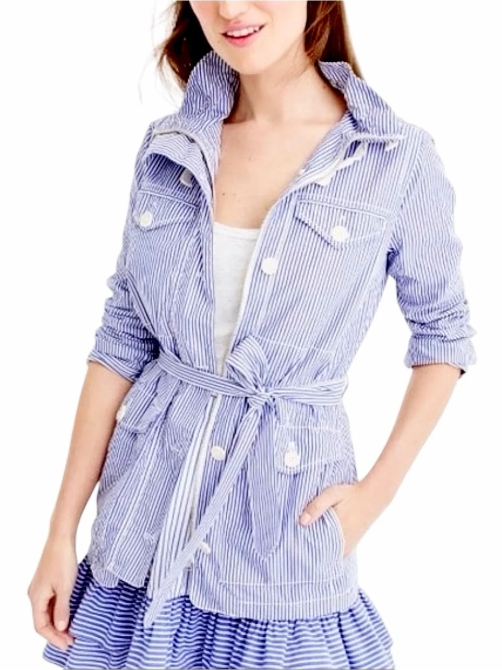 Title J.Crew – Blue White Striped Utility Anorak Jacket Tie Waist – Sz. PM